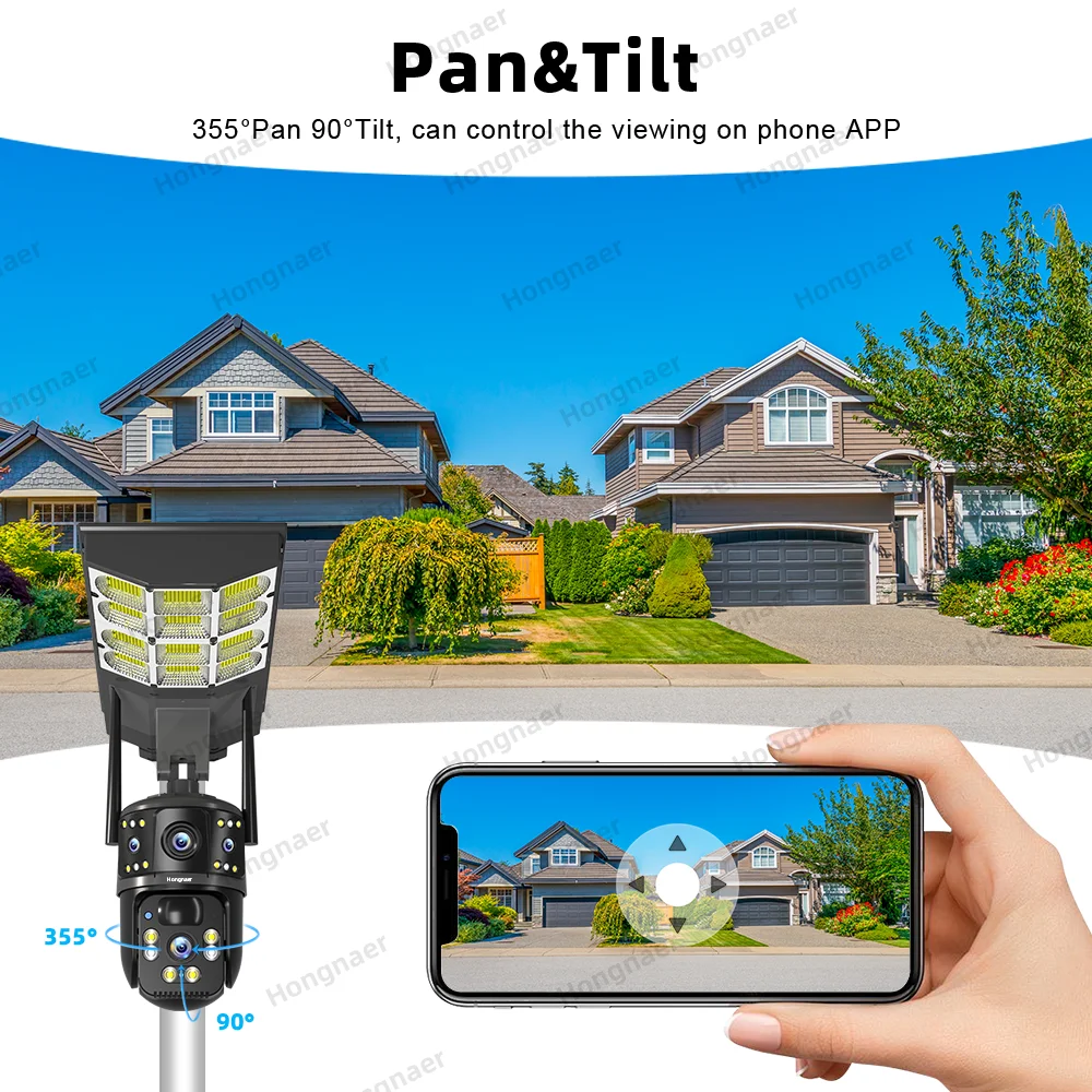 Hongnaer 8MP 4K الشمسية اللاسلكية للرؤية الليلية الذكية واي فاي في الهواء الطلق CCTV عدسة مزدوجة 4G بطاقة Sim الأمن كاميرا ضوء الشارع الشمسية