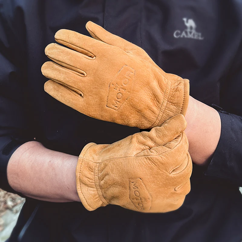 Men's Suede Curved-Finger Gloves, First-Layer Cowhide, Autumn and Winter Warm Wool Knitted Lining Gloves, Cycling Motorcycle Gloves