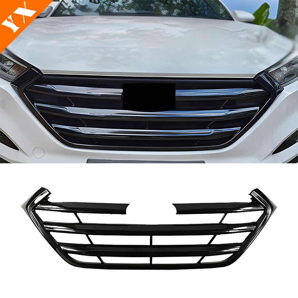 For Hyundai Tucson 2015-2018 Accessories ABS Chrome Black Car Front Center Grille Hood Engine Decor Sticker Shell Cover Moulding