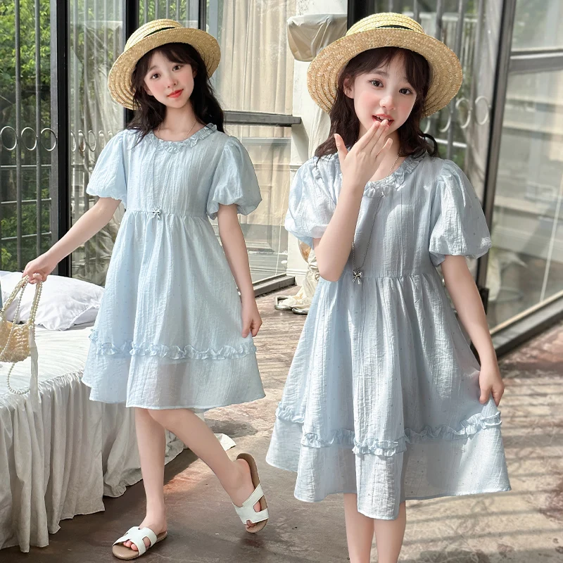 

Girls Summer Dress Children's Bubble Sleeve Princess Dress Kids Vacation Beach Dress 2025 New