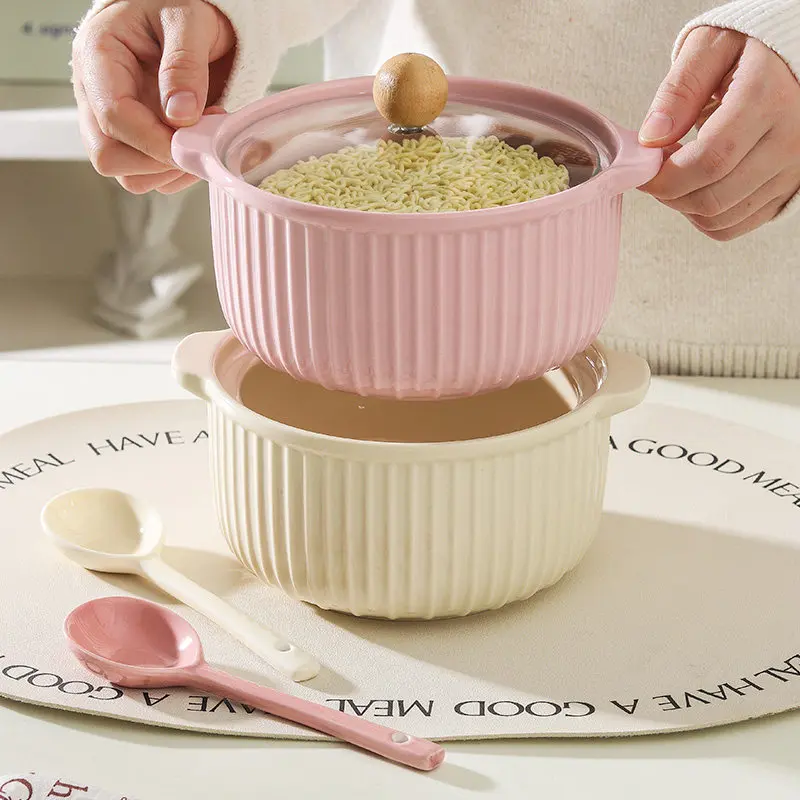 縦縞インスタントラーメンボウル-2026年新発売-家庭用-1000ml-大容量-セラミックボウル-蓋付き-学生寮食器