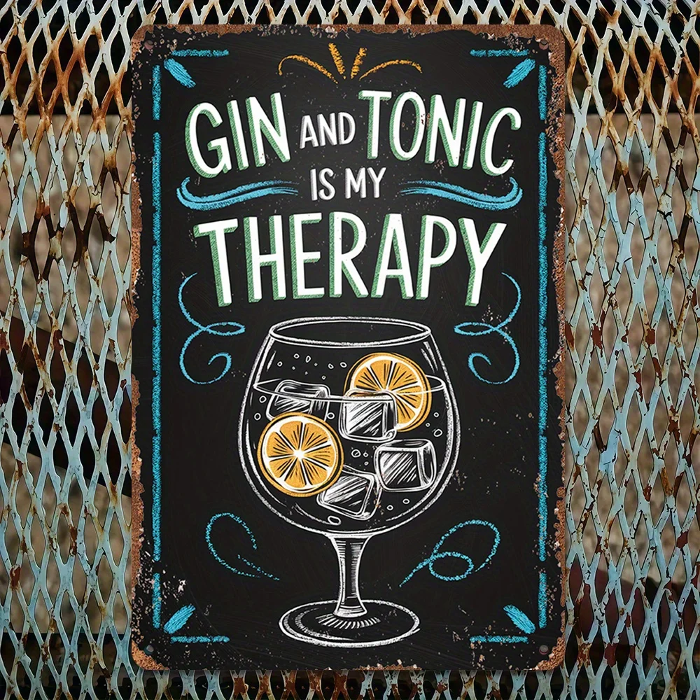 Letrero Metálico de Aluminio Vintage [2D Plano] con la Frase 'Gin and Tonic es mi Terapia', Diseño Rústico de Pizarra con Rodajas de Limón y Cubos de Hielo