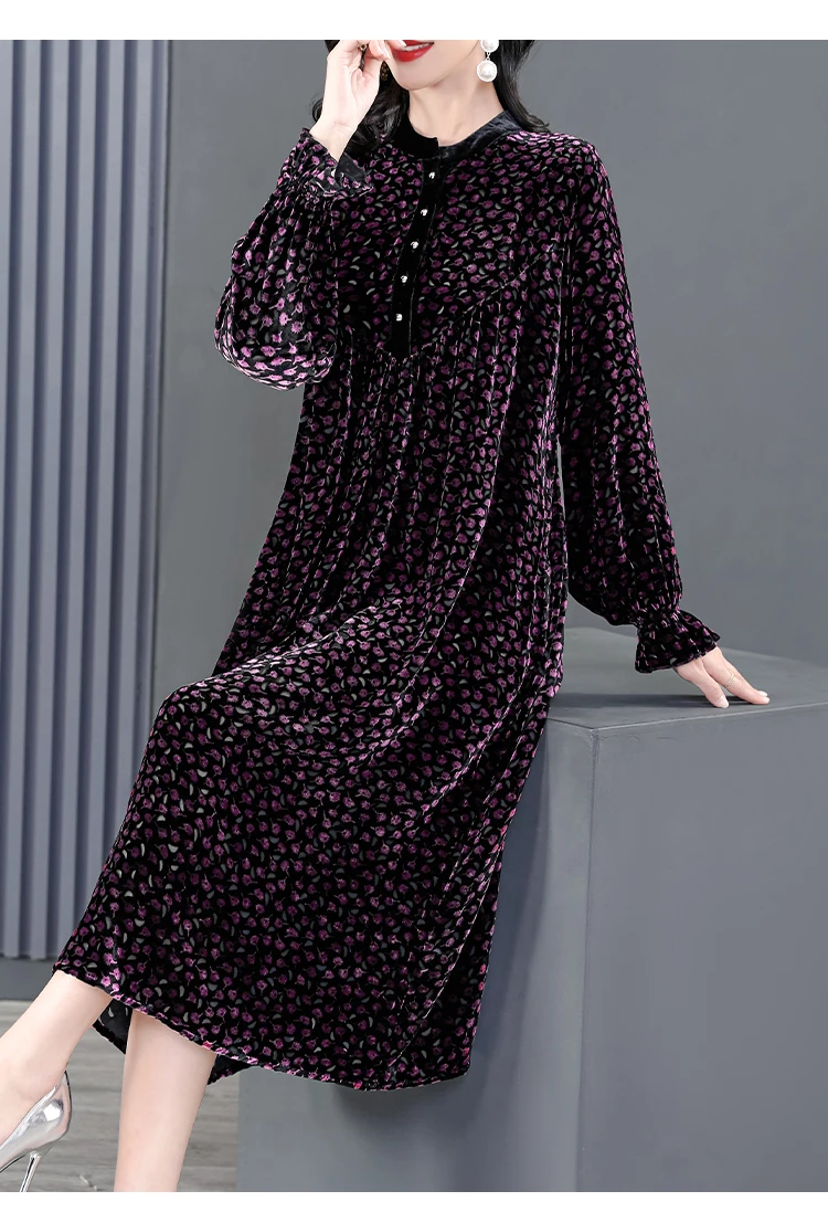 Women Winter Velvet Long Sleeve Dress Elegant O-Neck Pleated Midi Pleuche Dress Female Casual Sexy Trumpet Vestidos