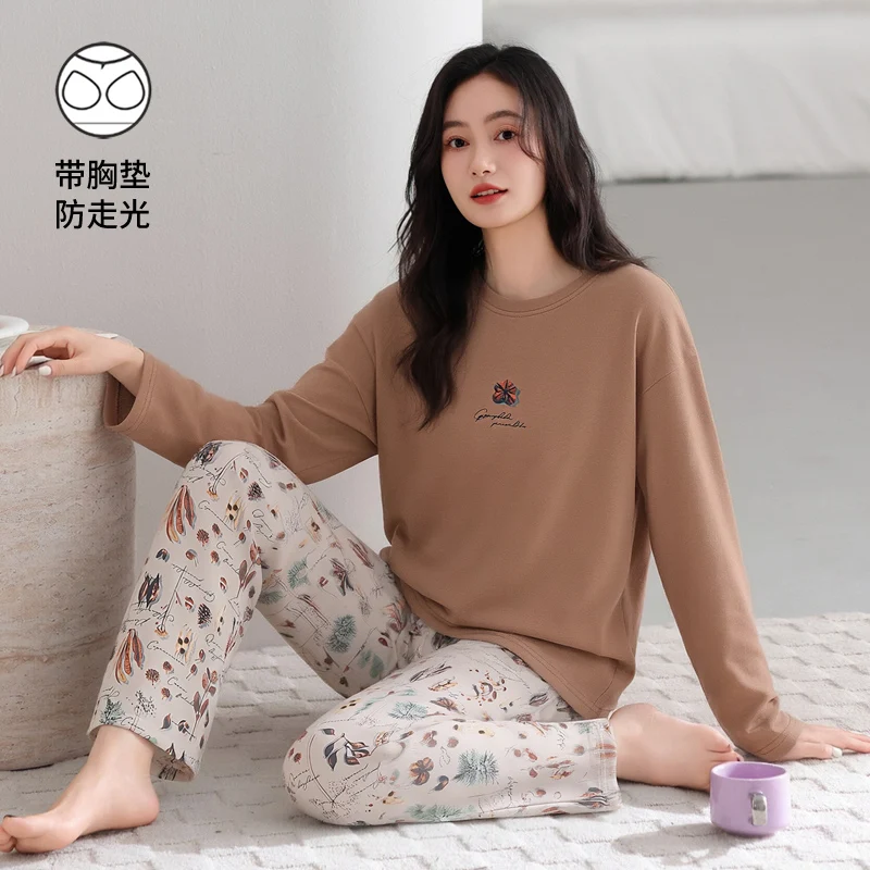 Spring and Autumn Women 100% Cotton Long Sleeve Pajamas Set Female Casual Pijamas With Chest Pad
