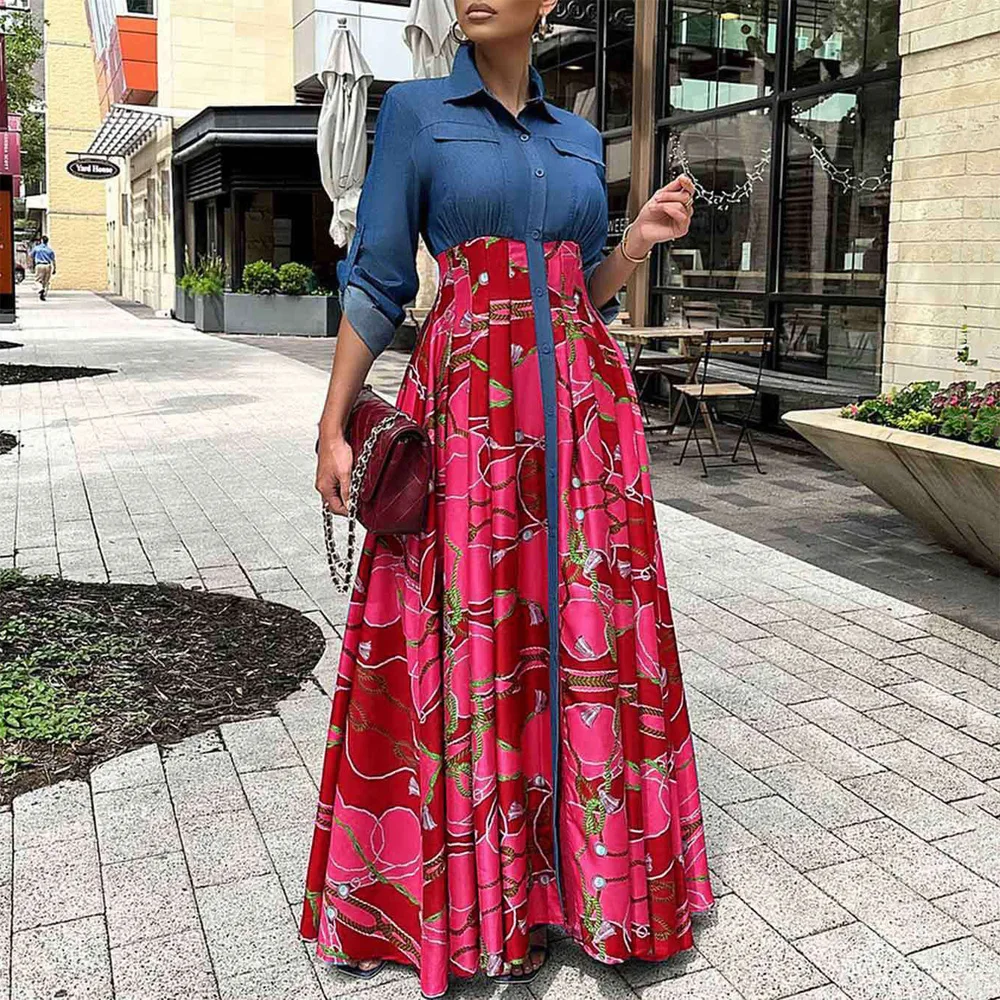 

Elegant Party Dresses for Woman Turn Down Collar Single Breasted Full Sleeve Jeans Patchwork High Waisted Floor Length Dress New