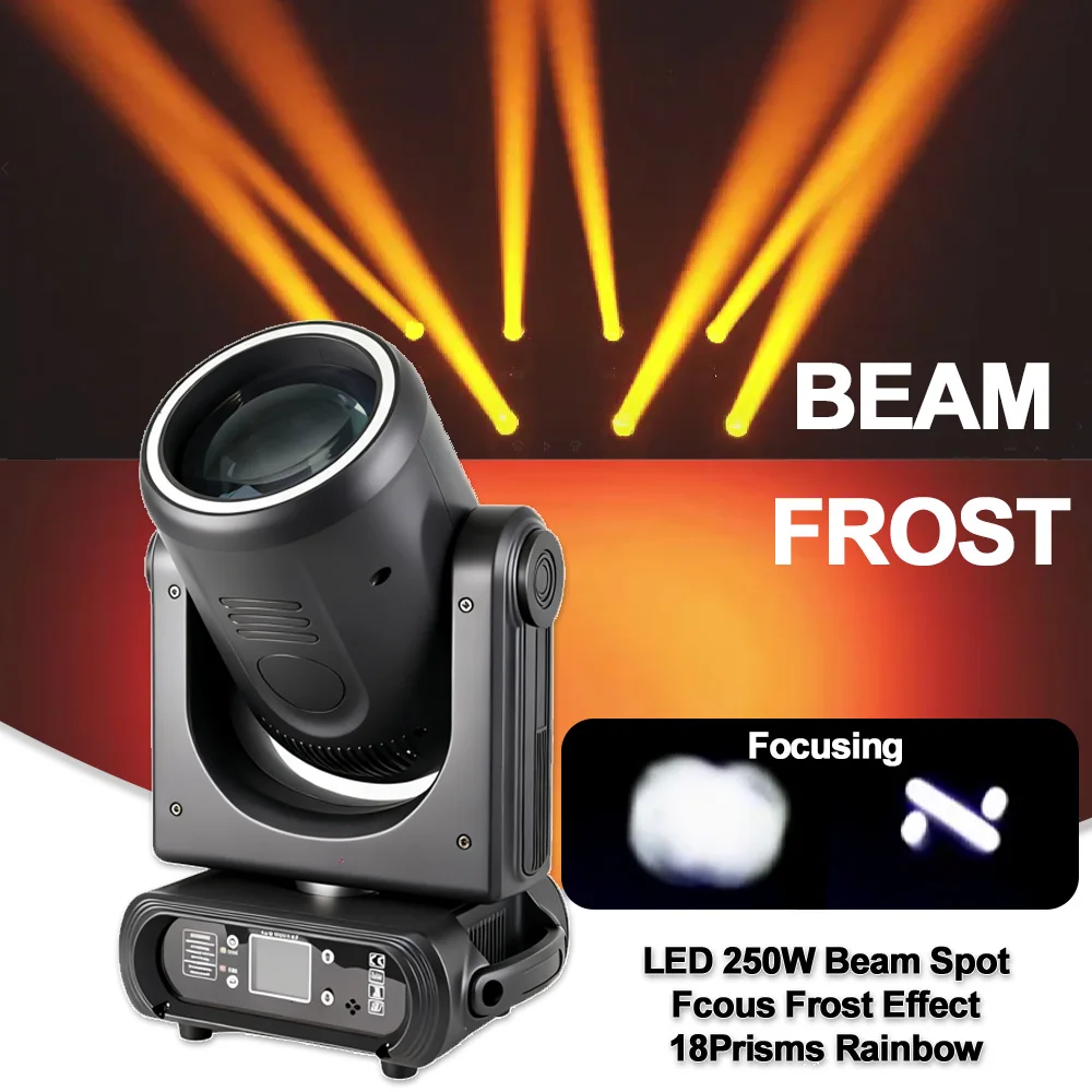 

LED 250W Beam Spot Moving Head Lighting Focusing Function Frost Effect Rainbow Rotate 18 Prisms Party Dj Disco Christmas Lights