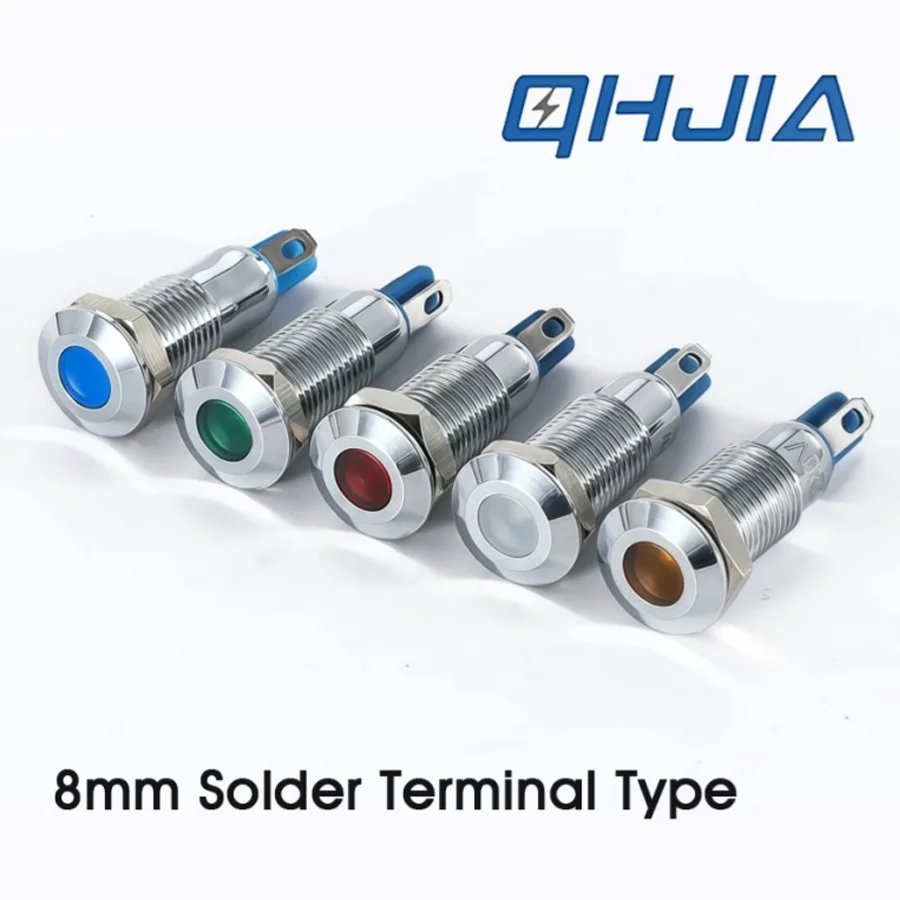 8mm IP66 Waterproof Metal LED Signal Pilot Indicator Light DC 12V 24V AC 220V with Wire Solder Pins for Industrial Equipment