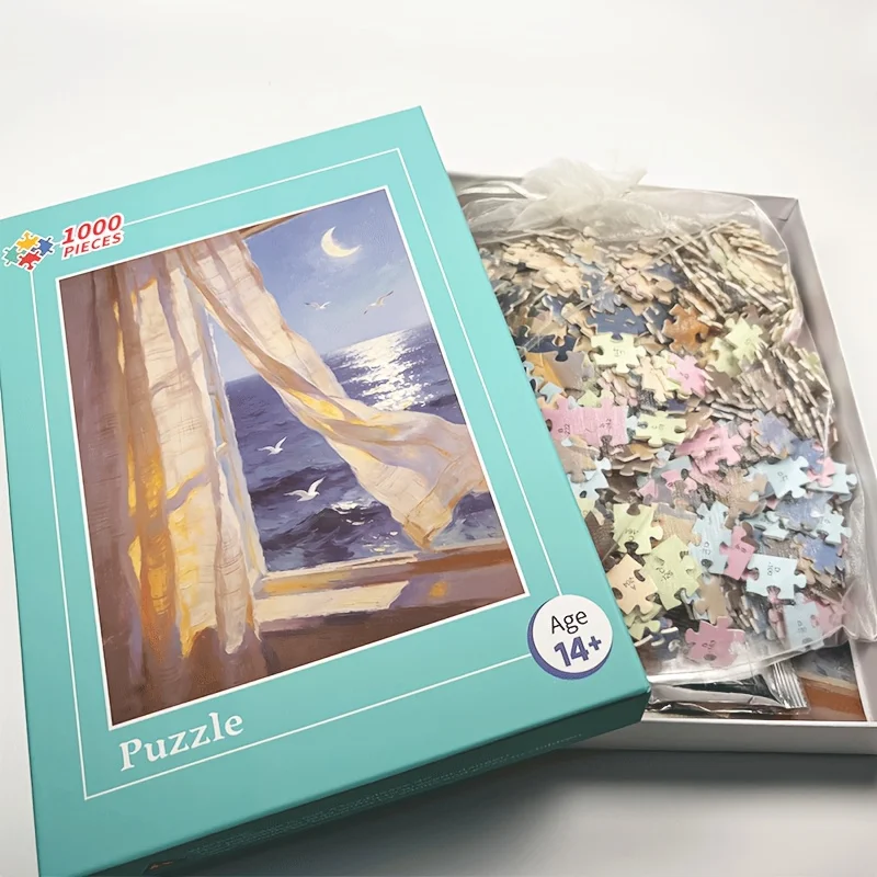 

1000 Pieces Jigsaw Puzzle 70x50cm Seaside Window Landscape Design 2.2mm Thick White Cardboard with Letter Back Partition