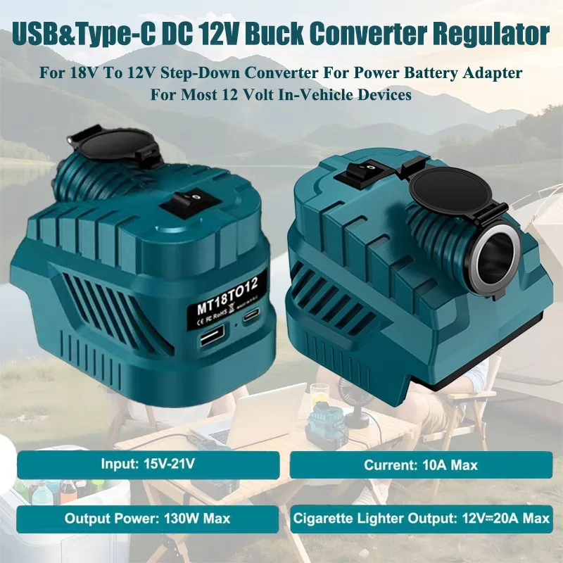 

MT18TO12 DIY Battery Adapter for Maktia 18V Battery Via DC 12V Buck Converter Regulator with Cigarette Lighter USB & Type-C Port