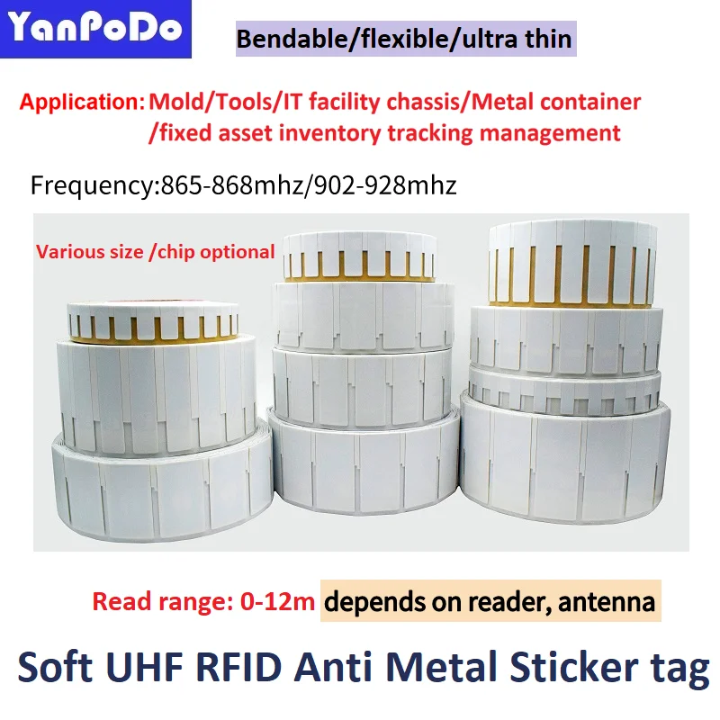 Printable Soft Ultra Thin Adhesive Anti Metal RFID Tag UHF Sticker Flexible Metal Resistant RFID UHF Tag EPC Gen2 Waterproof