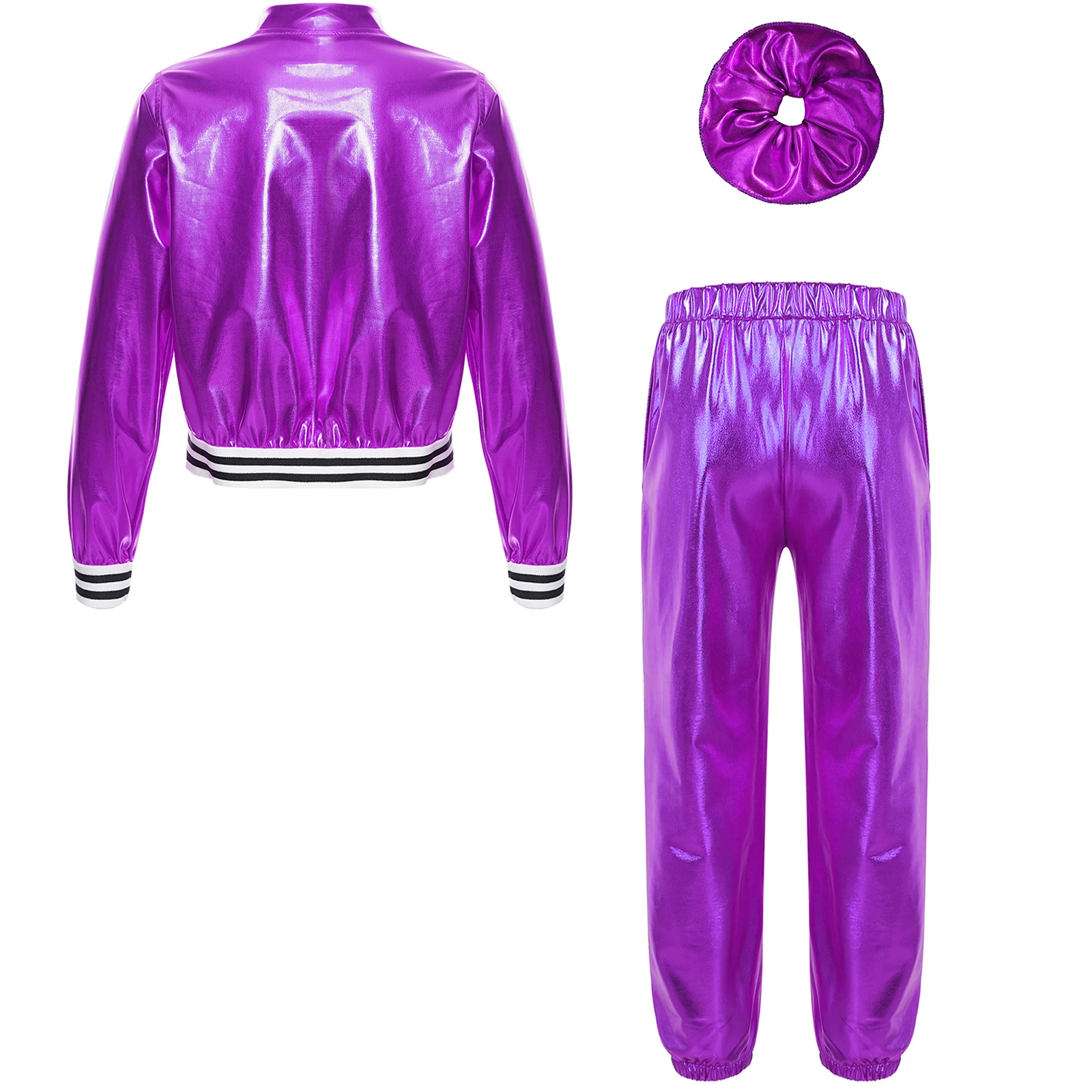 Kids Girls Street Dance Outfit Jazz Dancing cosupes giacca metallica a maniche lunghe con pantaloni lucidi moda bambini Streetwear