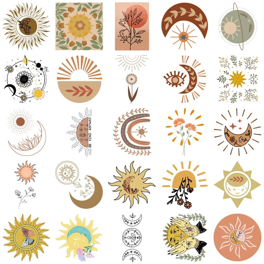 10/50/100PCS Vintage Sun Moon Flower Stickers Aesthetic Ins Decals DIY Scrapbooking Notebook Laptop Luggage Car Graffiti Sticker