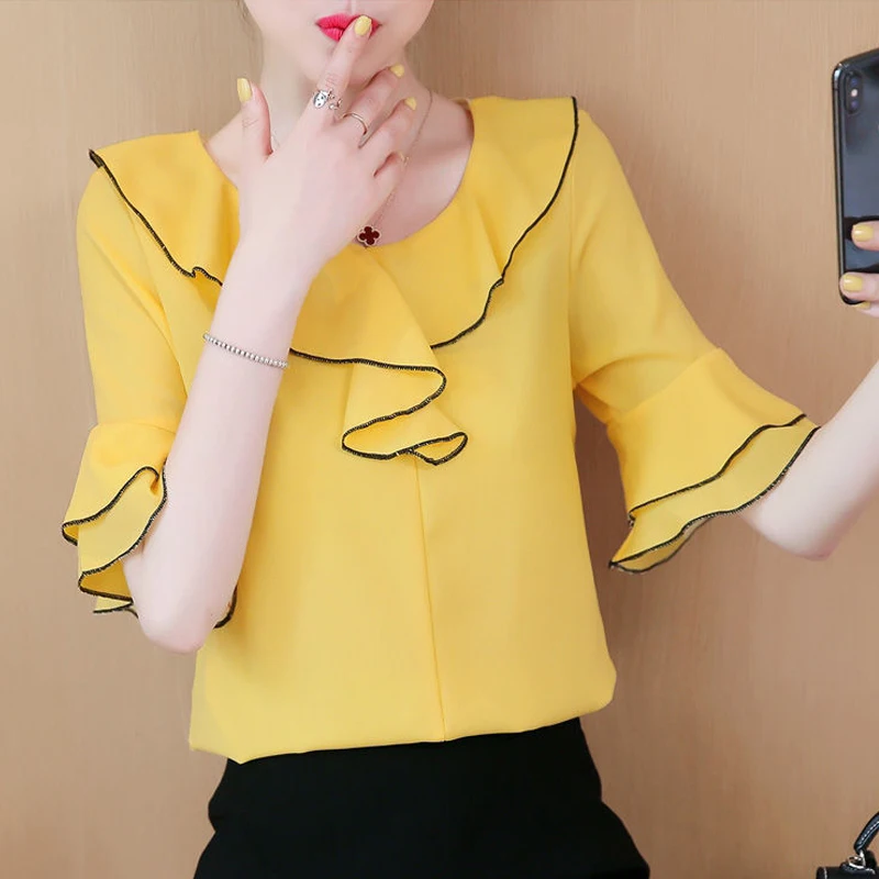 Ruffle Sweet Chic Short Sleeve Slim Chiffon Shirts New Summer Korean Fashion Round Neck Solid Top Blouse Women Blusas Para Mujer