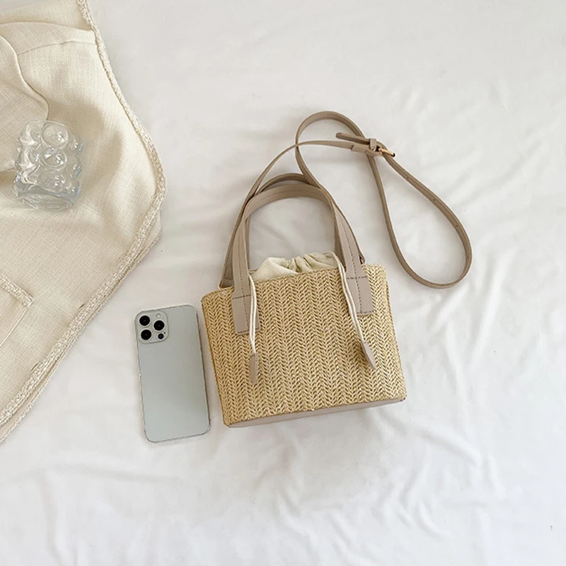 Knit Travel Bags Straw Woven Beach Bag Wrist Pack Women Handle Female Bucket Tote Bags Rattan Ladies Purses Handbag - Image 6