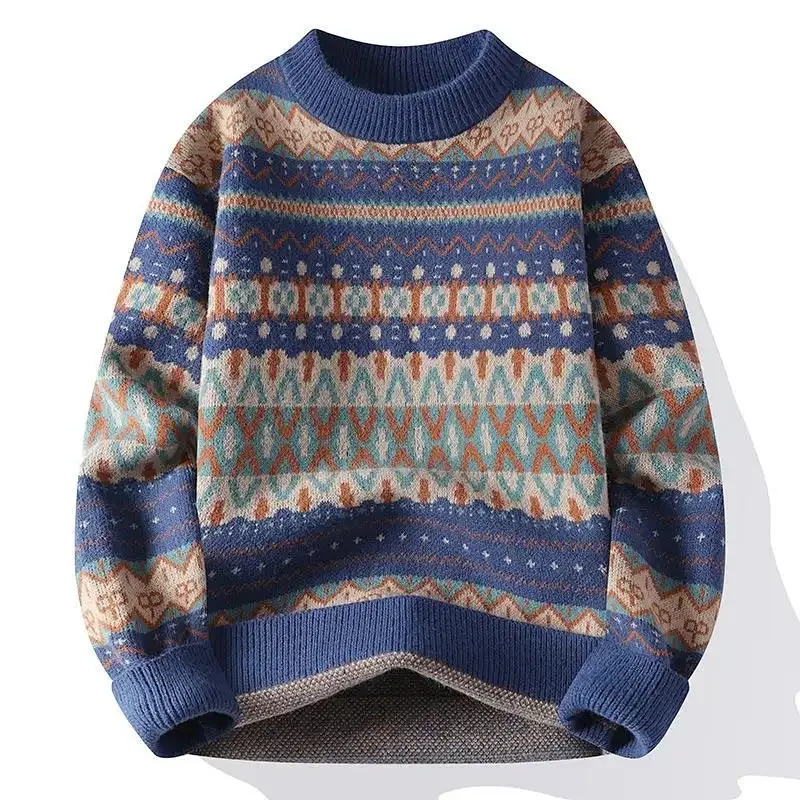 

Men's Half Turtleneck Autumn and Winter Sweater Knitted Retro Geometric Long Sleeve Contrast Color Top
