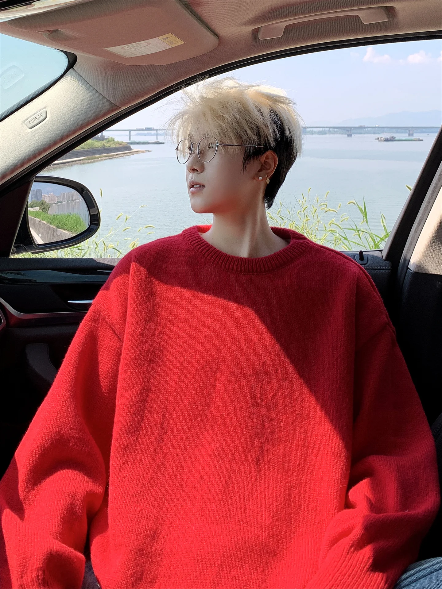 

Красный круглый вязаный свитер унисекс для пар, повседневный базовый, однотонный, на весну-осень, уличный стиль, с длинным рукавом, термосвитер