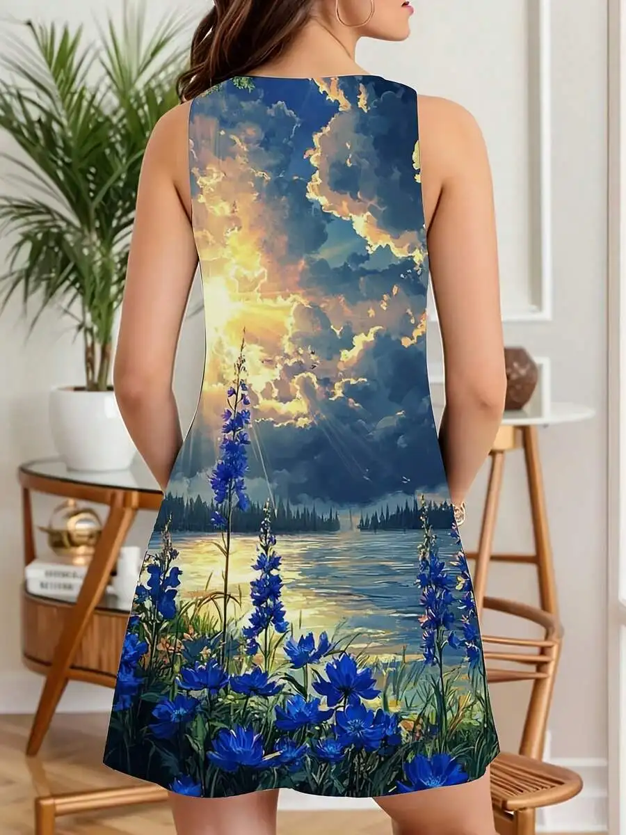 

Women Sleeveless Dress Blue Flowers Sunset Lake Print Summer Party Dress