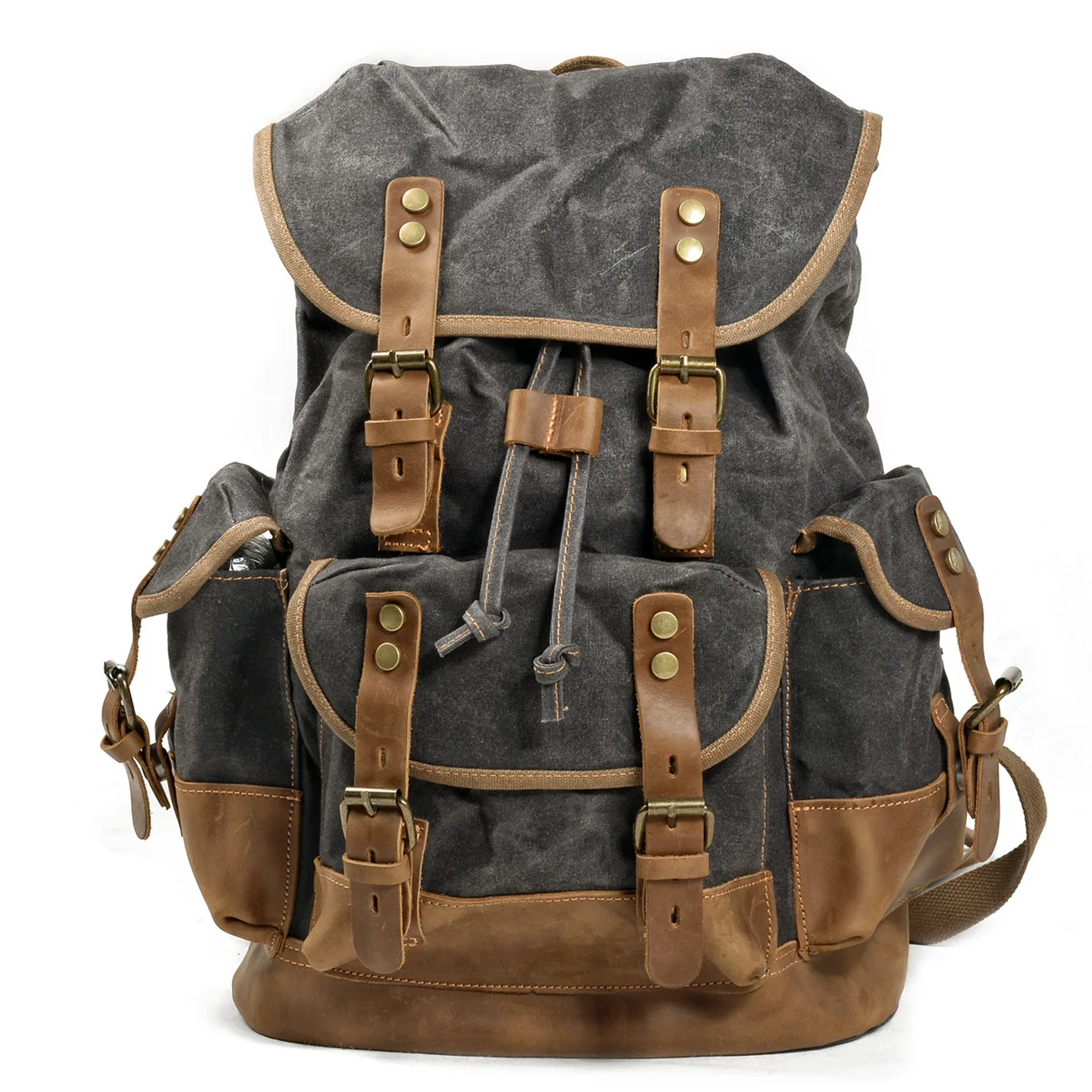 Image of Rucksack mit großem Fassungsvermögen, Vintage-Rucksack aus Segeltuch, Schultasche aus Leder, neutrale, tragbare, verschleißfeste Reisetasche