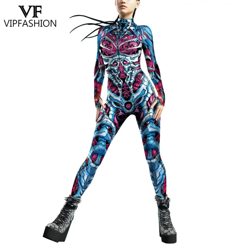 VIP FASHION Halloween Cosplay Costume Carnival Party Hooded Zentai Catsuit 3D Digital Printing Women Outfits Bodysuit