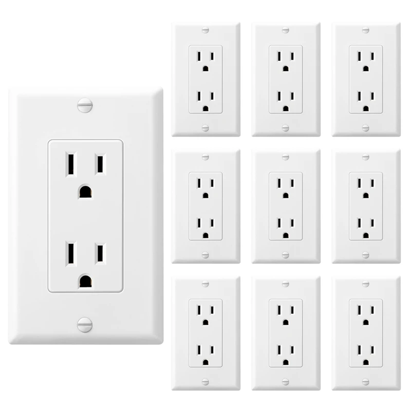 10 Pack Tamper-Resistant Electrical Outlet Decorator Receptacle Outlet With Wall Plate, 15A 125V, Self-Grounding