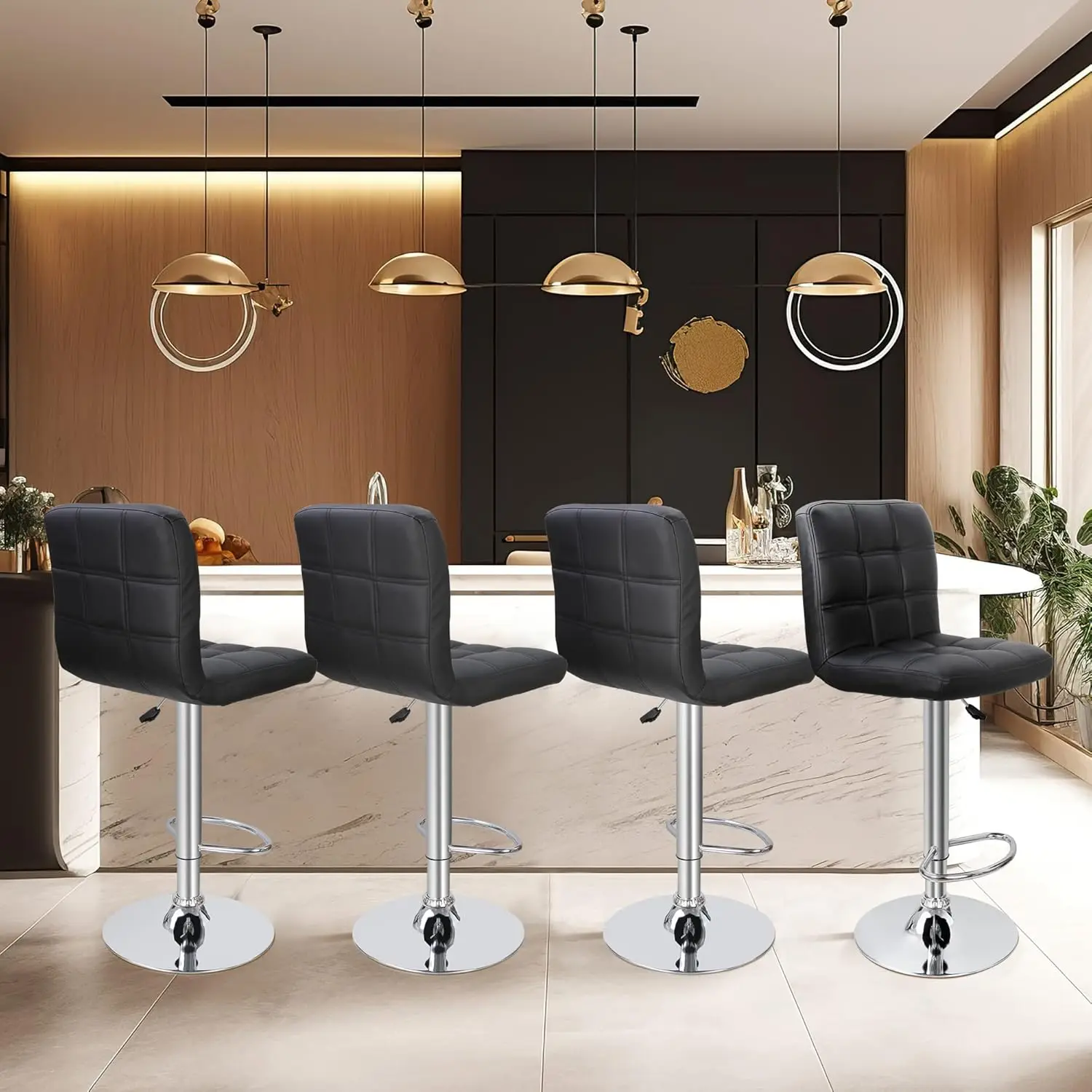 ZENY Set of 4 Adjustable Swivel Barstools, Modern PU Leather Kitchen Counter Bar Stools, Square Back Bar Stool