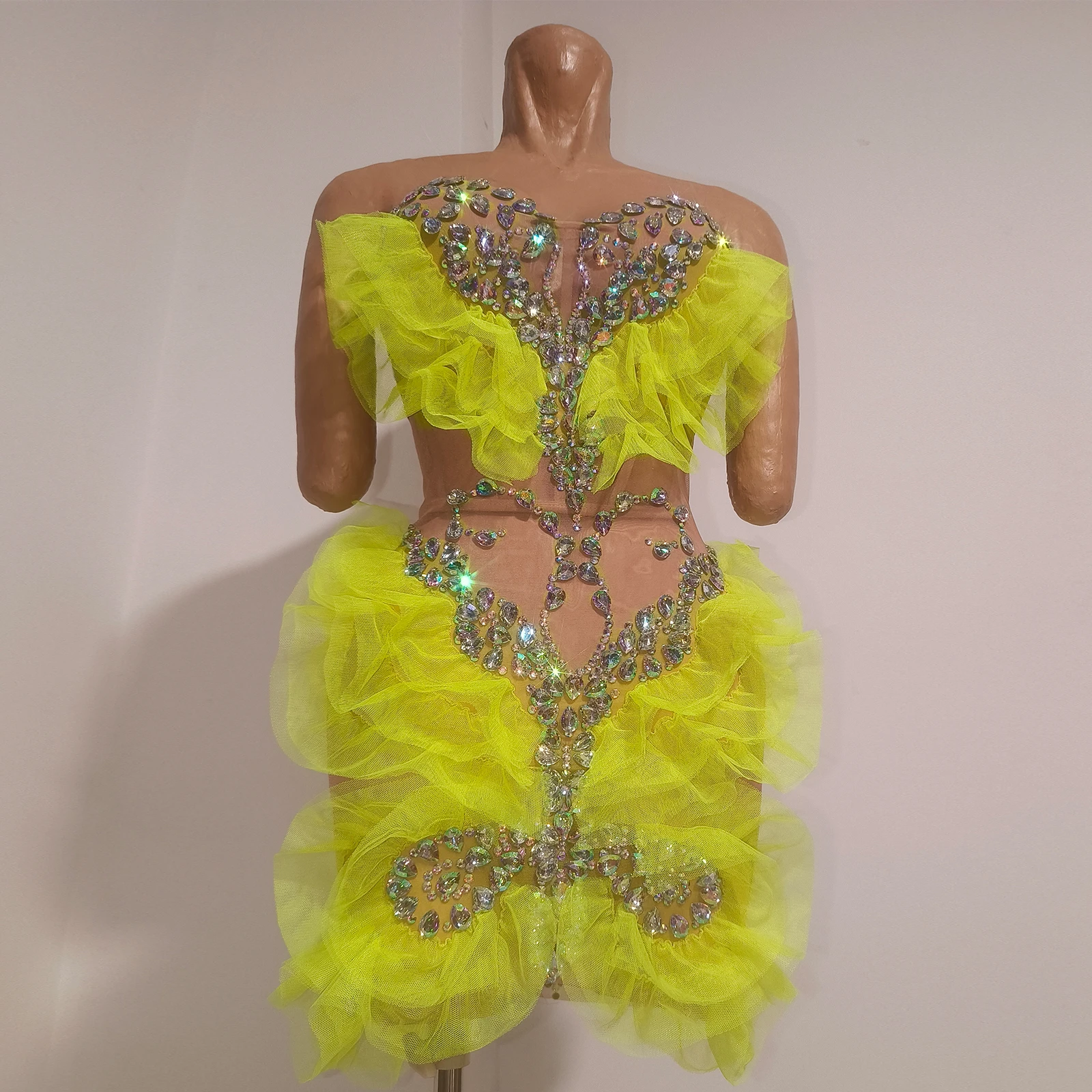 sexy Shiny AB Rhinestone Party Celebration Birthday Short Skirt for Women lace Mesh Sheer Stage Performance club Queen clothing