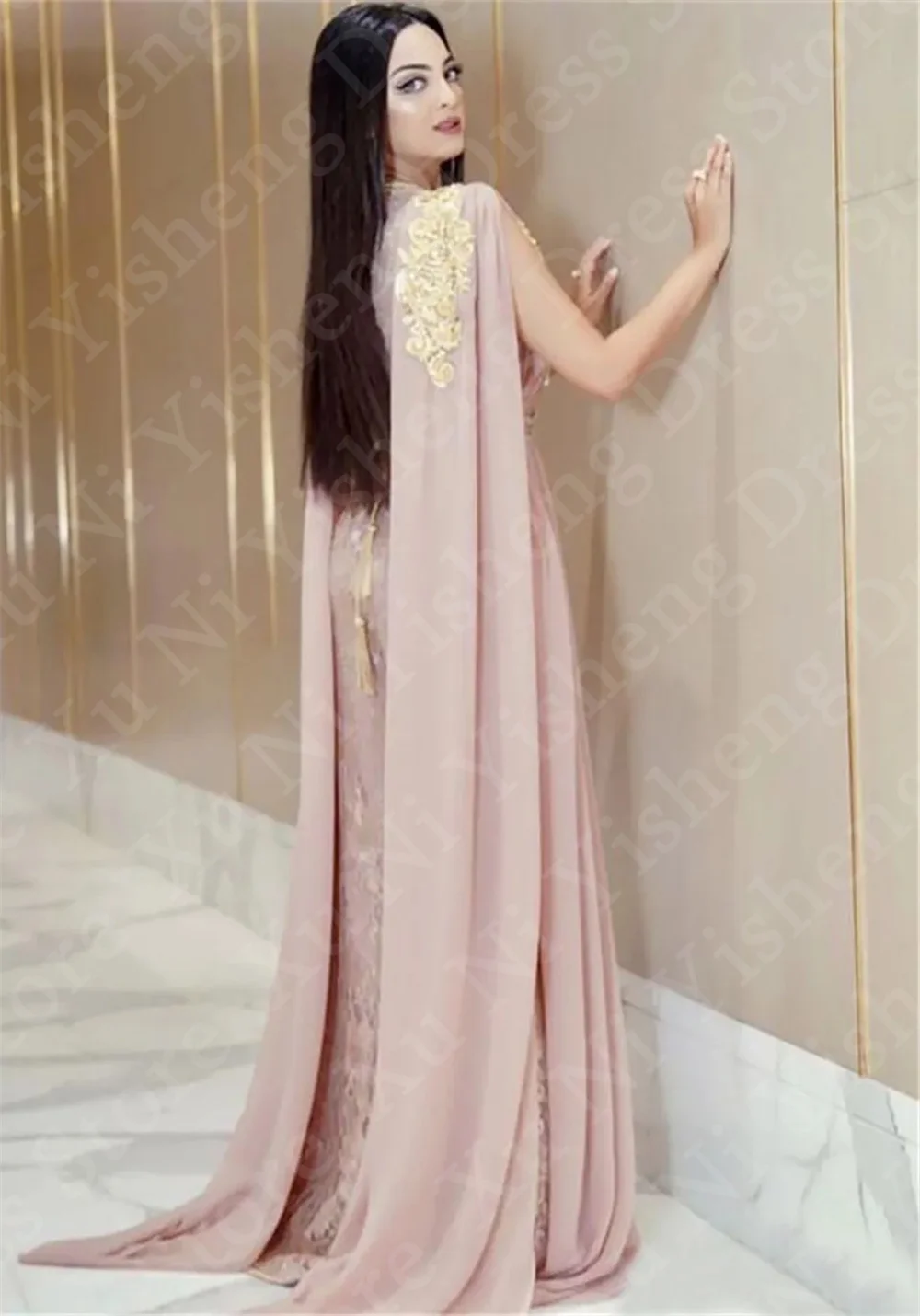 Vestido de noite chiffon com decote V, Vestidos longos muçulmanos, Vestido de festa formal, Dubai, Kaftan marroquino, Rosa Blush, Luxo, 2022