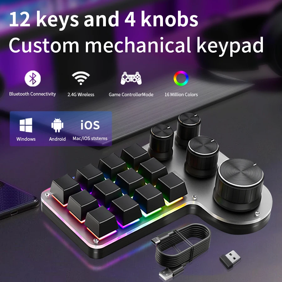 

Мини Bluetooth-программирование, макро-клавиатура на заказ, проводная RGB-клавиатура, 12 клавиш, 4 ручки, игровая клавиатура Photoshop, механическая горячая замена Macropad