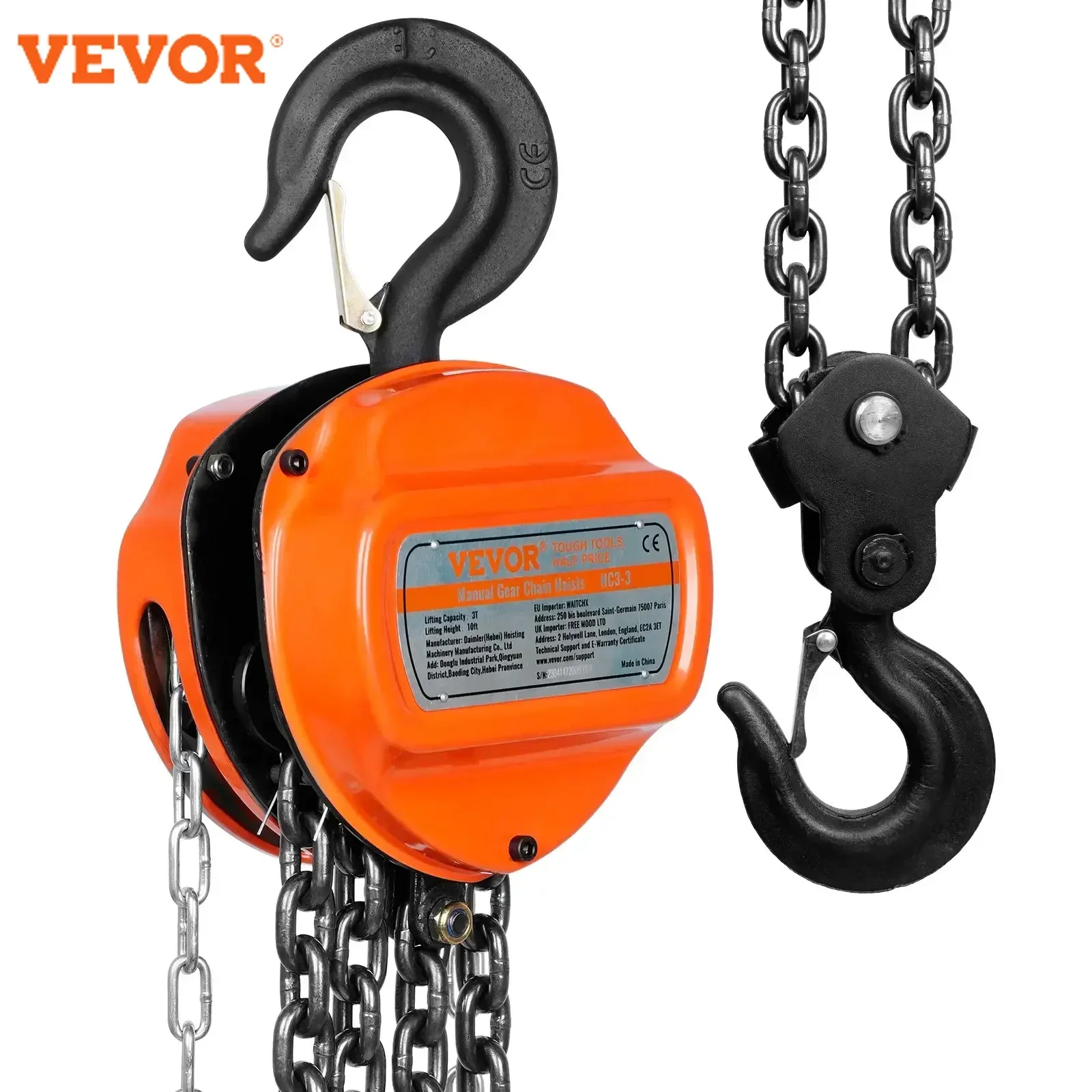 

VEVOR 1/2/3T Manual Hand Chain Hoist G80 Galvanized Carbon Steel with Double-Pawl Brake Auto Chain Leading 360° Rotation Hook