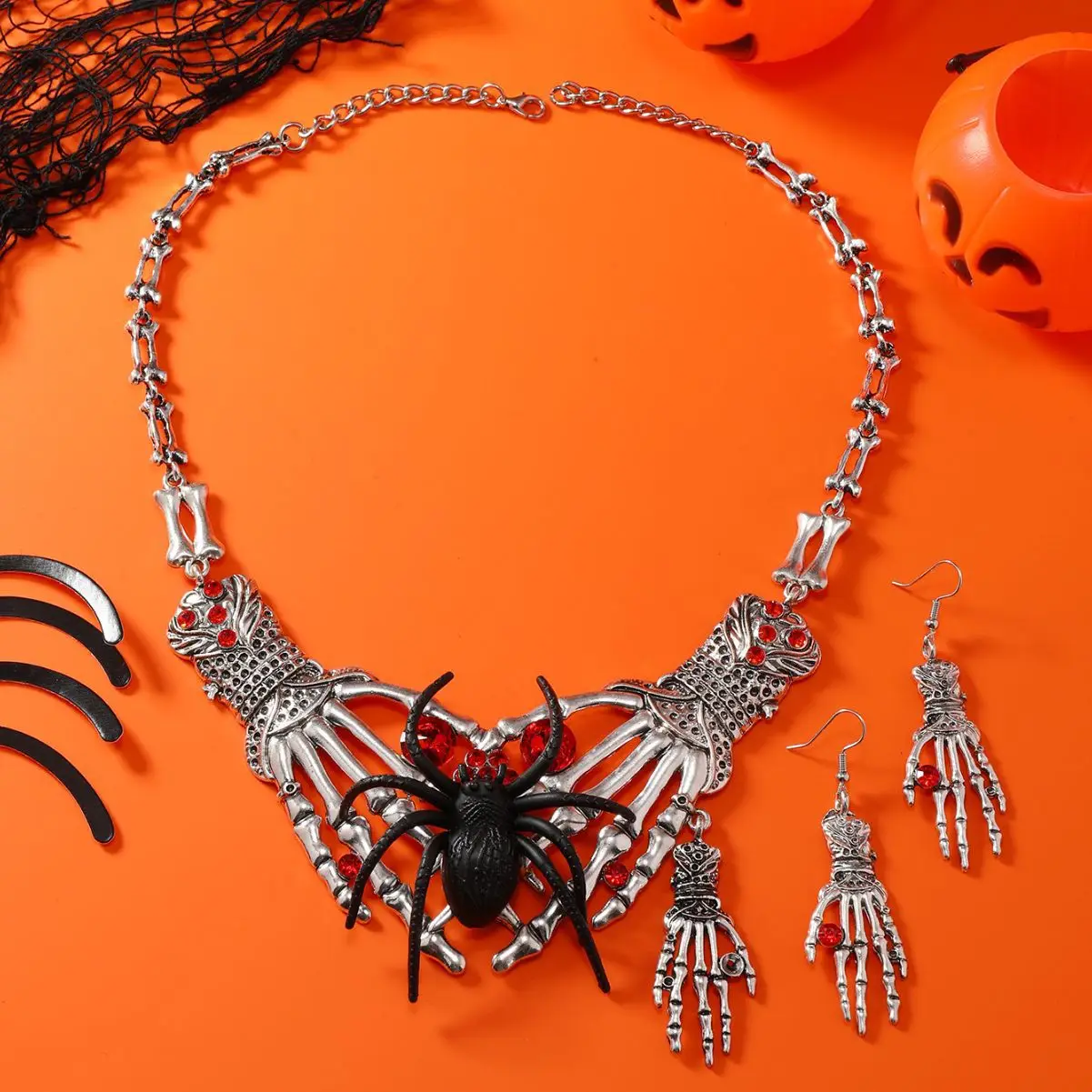 2024 Halloween accessories New Ghost Hand Skull Pendant Necklace and Earrings Jewelry Set Combination