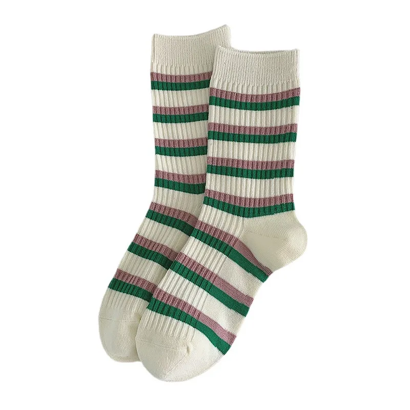 Green Stripe Ins Kawaii Socks Spring Autumn Middle Tube Casual Women Socks Harajuku Ins Breathable Women Socks