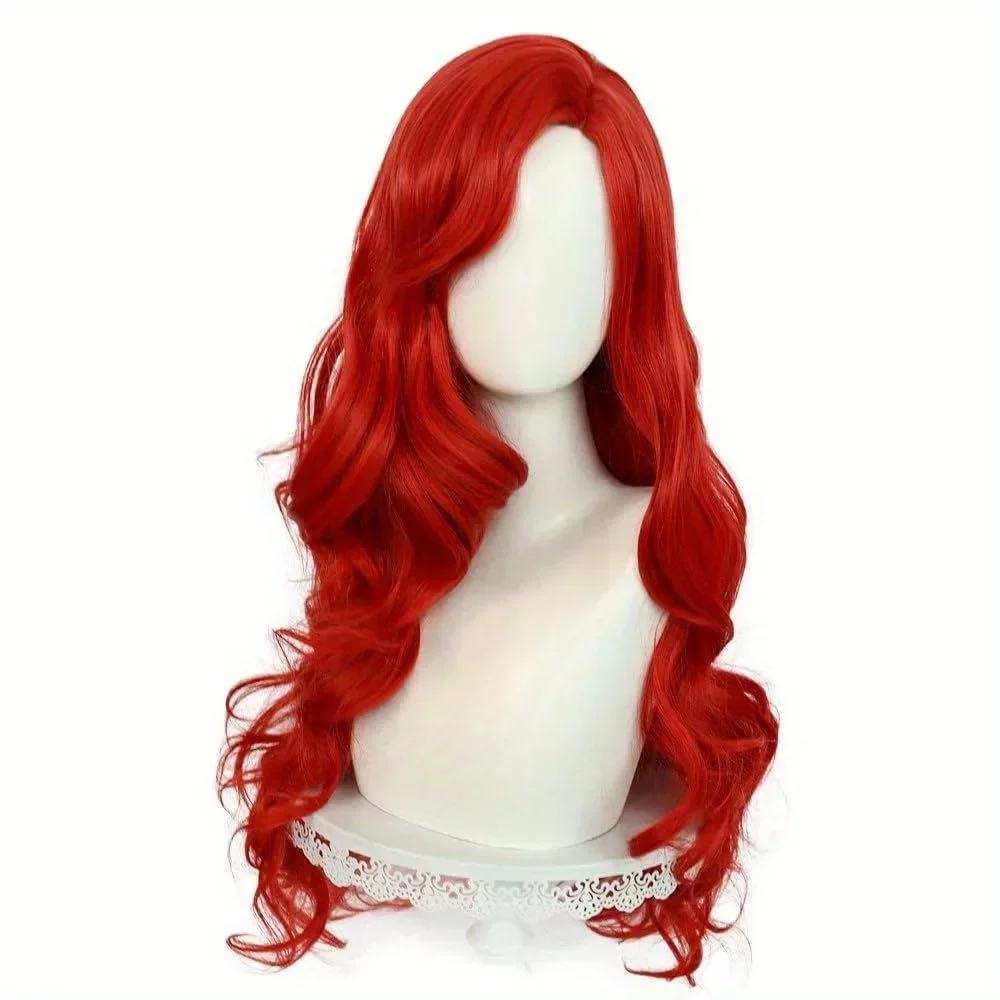 Peruca encaracolada sereia para mulheres e meninas, peruca sintética, perucas de festa de Halloween, peruca cosplay, roupa diária, anime, longo, vermelho, 70cm, 26"