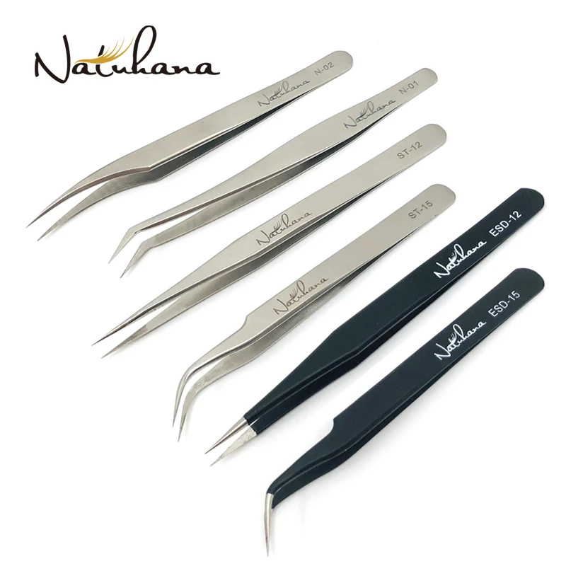 NATUHANA Eyelash Extension Tweezers Anti-static Straight Industrial Precision Curved Straight Lash Eyebrow Tweezers Makeup Tool