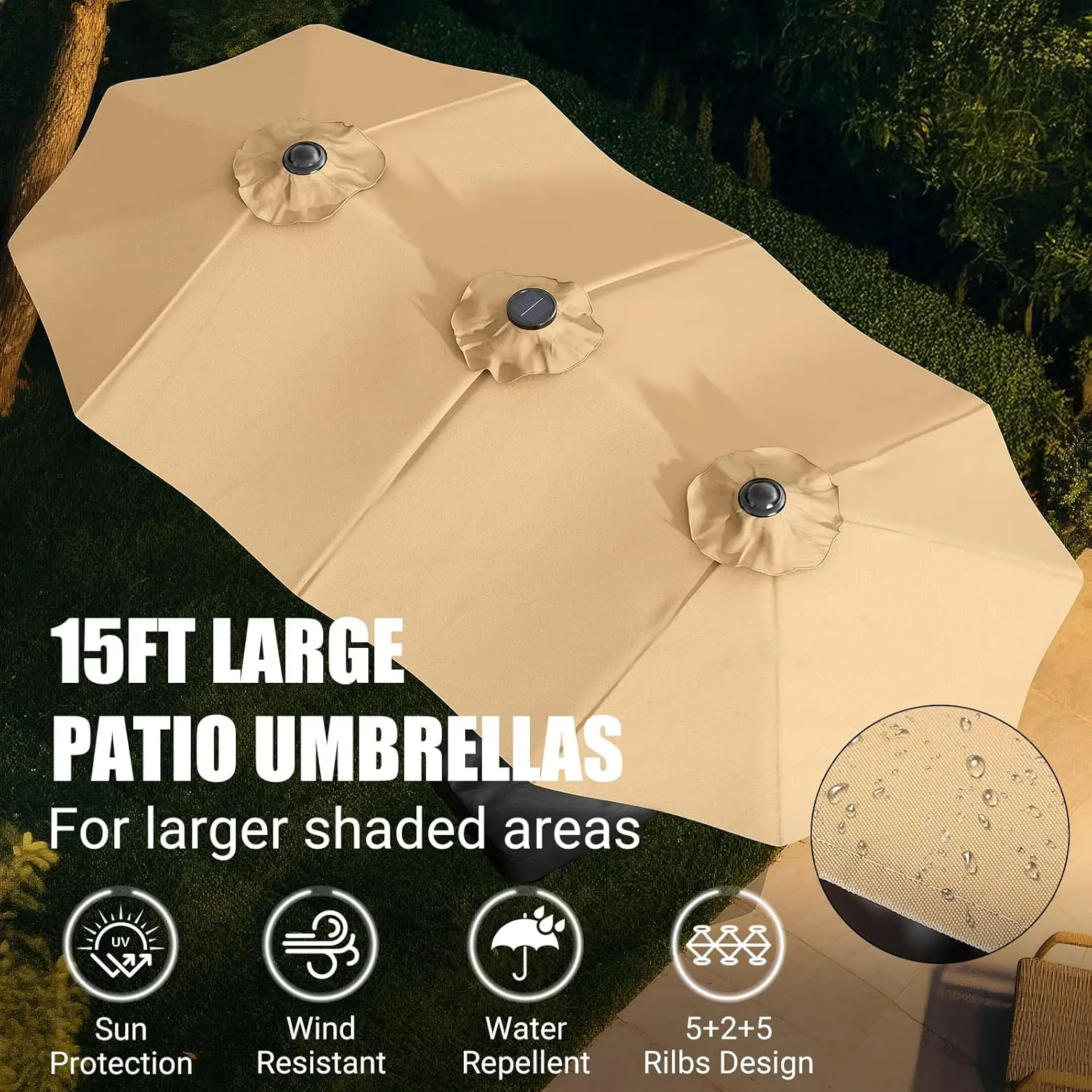 Guarda-chuva grande para pátio LEVELEVE de 15 pés com base e luzes LED solares - dupla face, Khaki