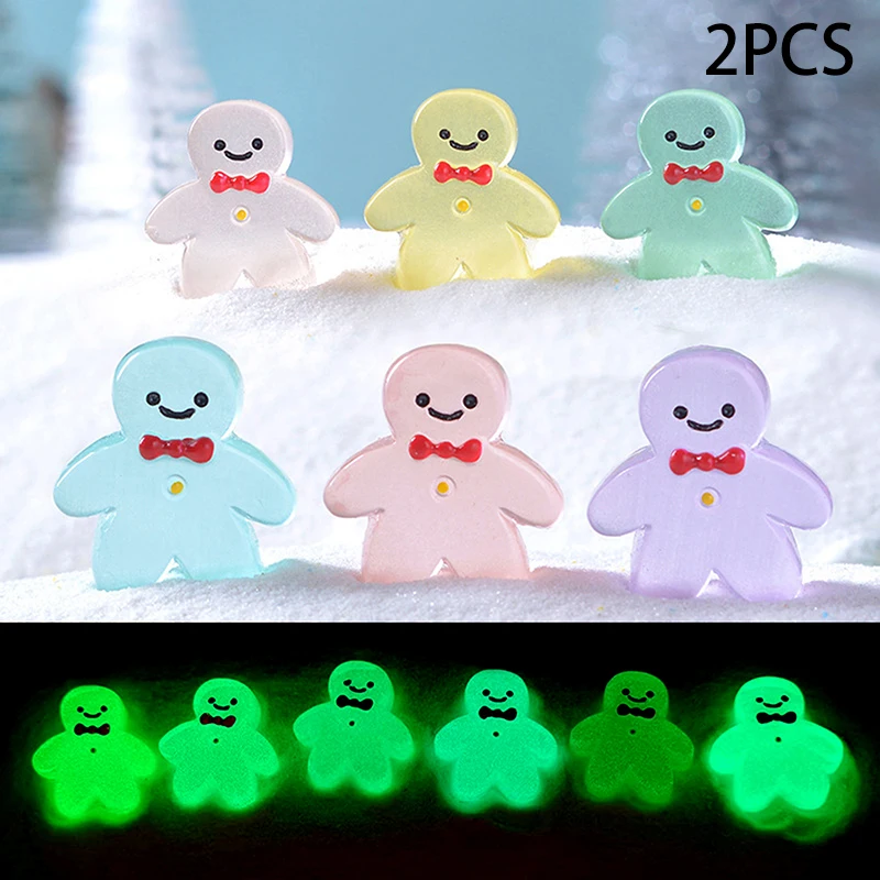 2PC Luminous Mini Gingerbread Man Micro Landscape Snow Scenery Ornament Glow in The Dark Christmas Accessory Home Decoration