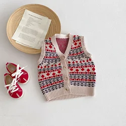 2024 Autumn New Children Vintage Knitted Vest Baby Sleeveless Tops Jacket Boys Girls Sweater Cardigan Kids Casual Jacquard Vest