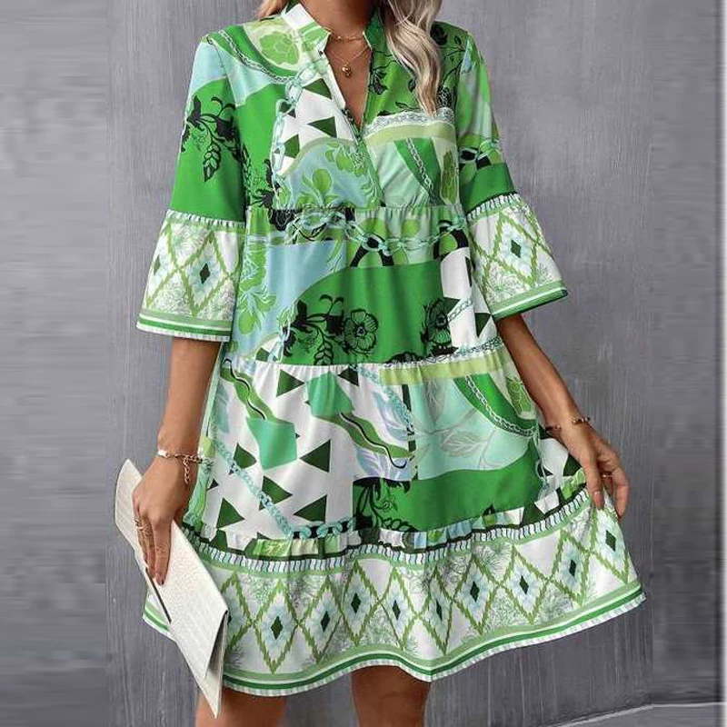 Sexy bedruckte Patchwork Party Bohemian Kleider Damen elegante Pagode Ärmel Büro Mini Abendkleid 2024 Herbst Urlaub Kleid