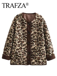 TRAFZA 2024 Women Leopard Print Jacket Coat Autumn Winter Fashion Long Sleeves Single Breasted Female Streetwear Loose Coat