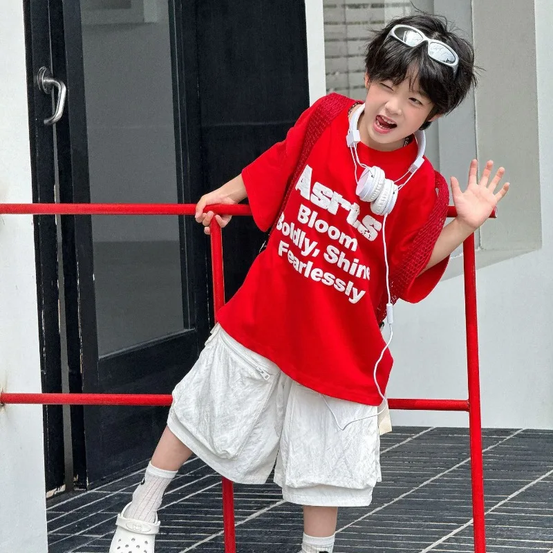 

Summer New Children's Red Korean Version Letter American Short-sleeved 2026 Boys Thin Handsome Top Half-sleeved Tide