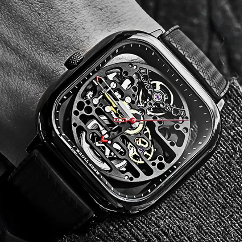 Reef Tiger Men Automatic Watch 44mm Square Mechanical Wristwatch Skeleton Dial Sapphrie Mirror Mesh Steel Strap RGA9075