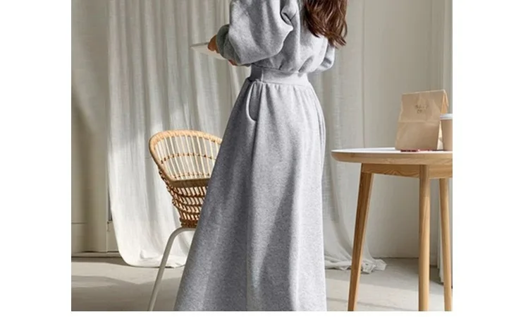 Koreanischer Stil, Herbst-Winter-Kapuzen-Sweatshirt-Kleid, Übergröße, tailliert, einfarbig, langes Kleid für Studentinnen und Frauen, lässig – Detail 10