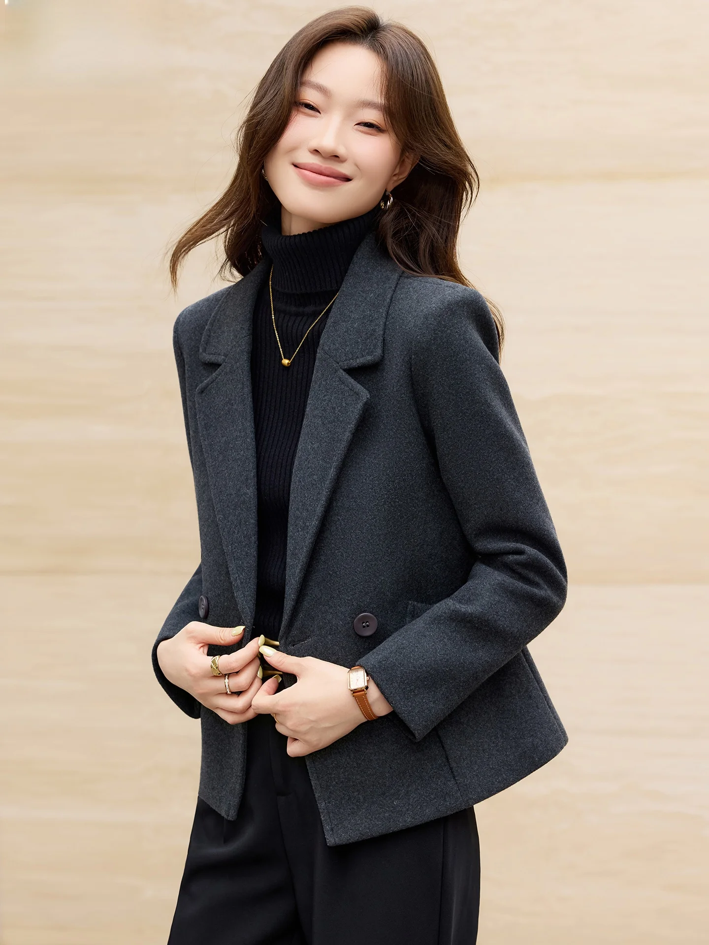 

Gray Short Woolen Suit Jacket Women's Casual Style Autumn Winter New Fashion Elegant Small Size Commute Windbreaker Coat