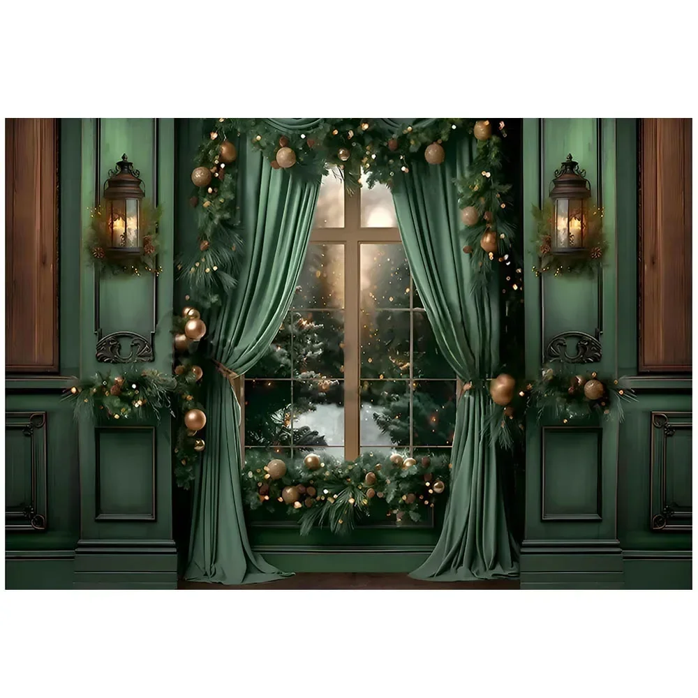 Mocsicka Christmas Photography Background Green Vintage Wall Curtain Interior Window Snow Family Portrait Photo Backdrops Studio