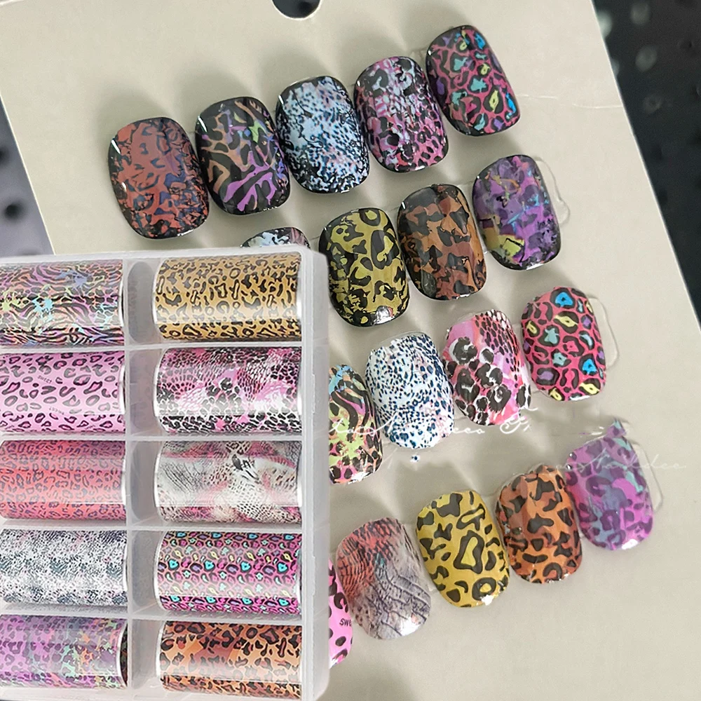 

10 рулонов леопардового принта, переводная фольга для дизайна ногтей Y2K, милая, крутая, розовая, коричневая, пятнистая, полное покрытие, наклейка для ногтей, красочная наклейка для ногтей с принтом