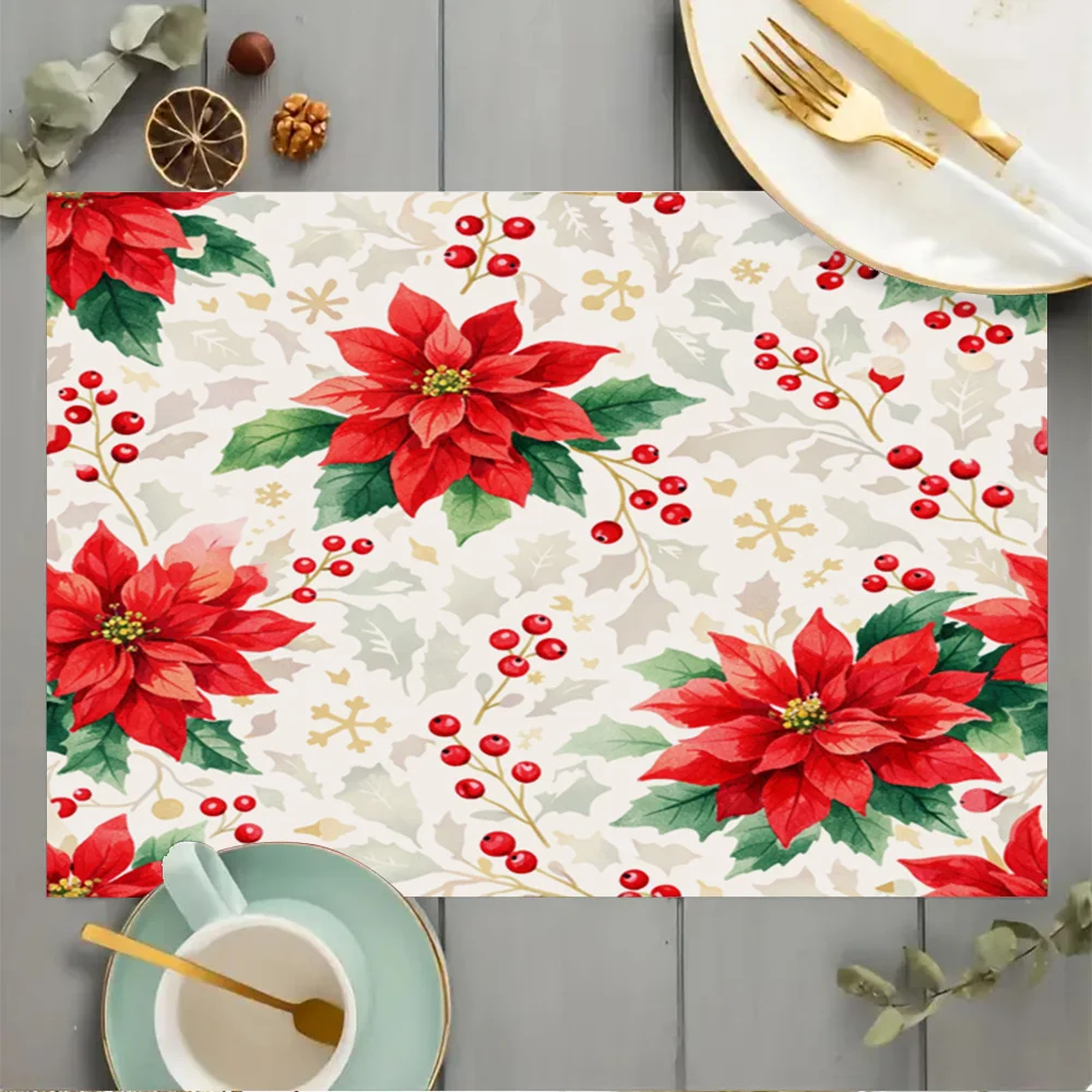Lush Red Winter‑flower Seamless Graphic Table Placemat Holly Berry Foliage Household Seasonal Dining Decor
