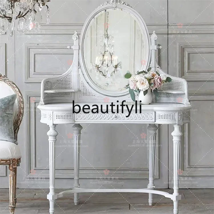 

a26 French retro old white mirror dresser makeup table rattan art solid wood