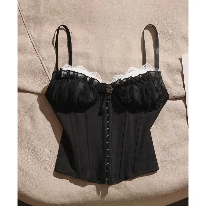 Sexy American Constrast Color Spliced Lace Women Tank Tops Y2k Aesthetic High Street Punk Corsets Harajuku Grunge Tops