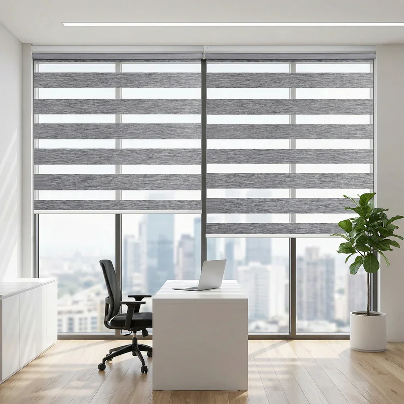No Drill Zebra Blinds Cordless Dual Layer Window Shades Light Filtering Room Darkening Custom Size for Office Home