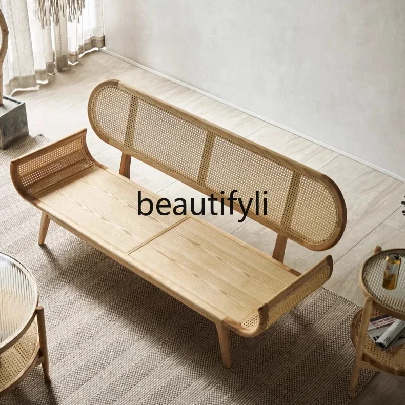 

xz1Simple and modern small apartment fabric sofa Nordic homestay solid wood three-person home living room rattan sofa chair