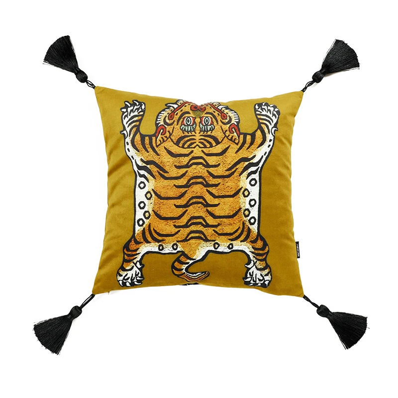 

DUNXDECO Retro Cushion Cover Decorative Square Pillow Case Vintage Artistic Tiger Print Tassel Soft Velvet Coussin Sofa Chair